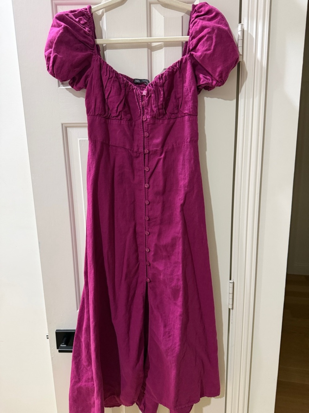 Zara Magenta Puff-Sleeve Button-Front Midi Dress